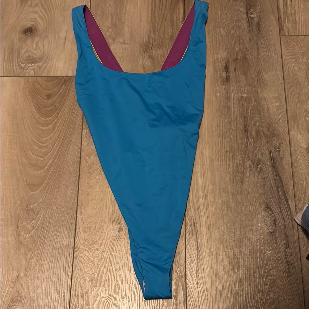 Off-White Blue and Purple One Piece Swimsuit High-Cut Design